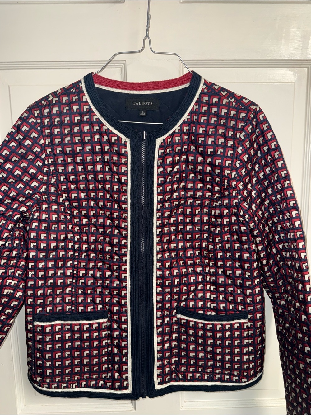 Talbots Red & Navy Patterned Knit Jacket Size S